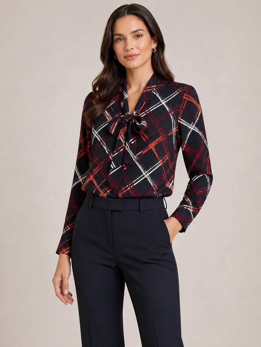 Ann Taylor Plaid Tie-Neck Blouse in Navy, Red and White